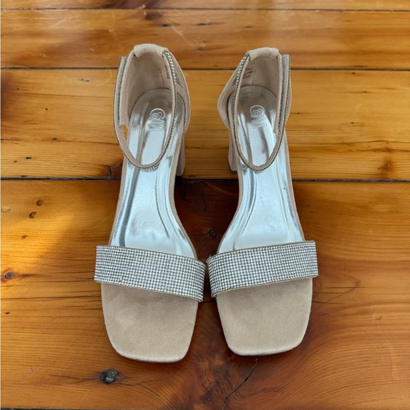 Nude Block Heel Sandals with Crystal Rhinestones Accents - Picture 1 of 5